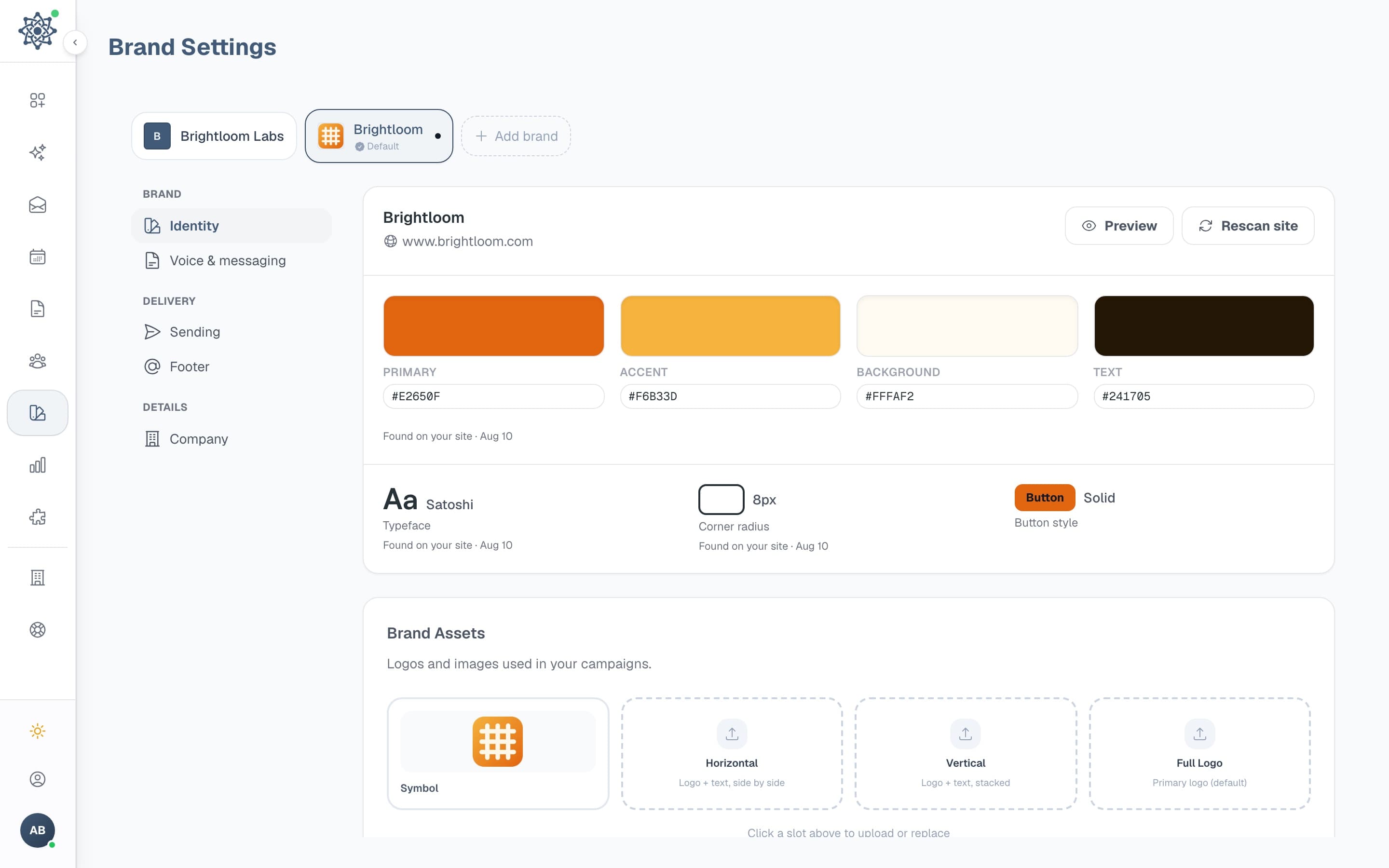 Brand settings in MarketAmp: the palette, typeface, corner radius and button style found on the site, and the logo slots