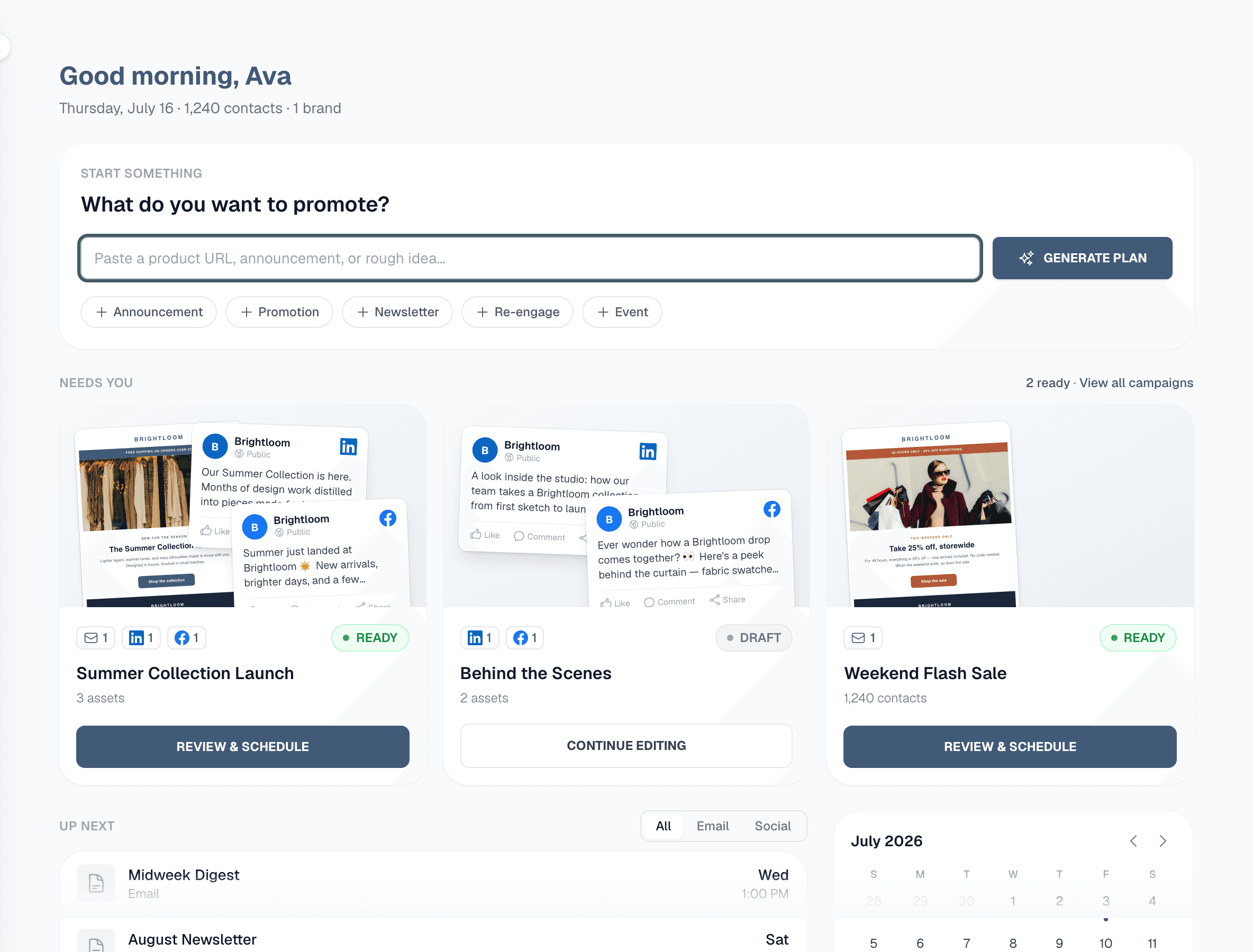 The MarketAmp dashboard — campaigns, analytics, and schedule in one view