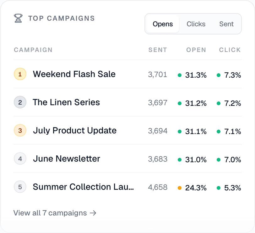 Top campaigns ranked by opens and clicks