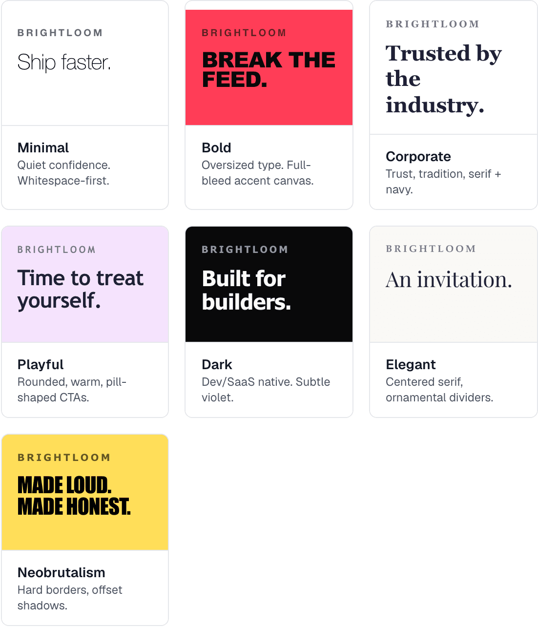 Brand style presets — minimal, bold, corporate, playful, and dark directions