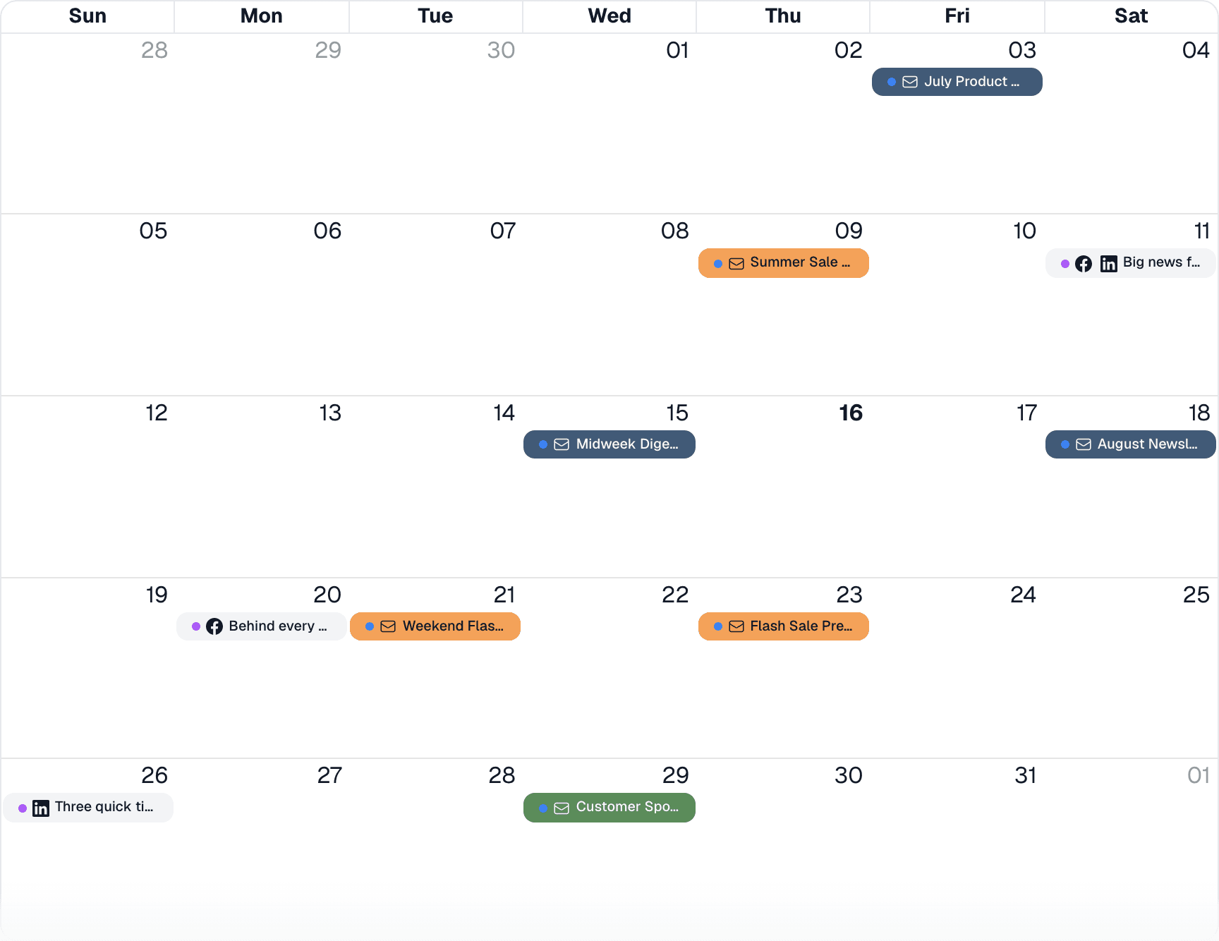 A month view of scheduled email and social campaigns across July