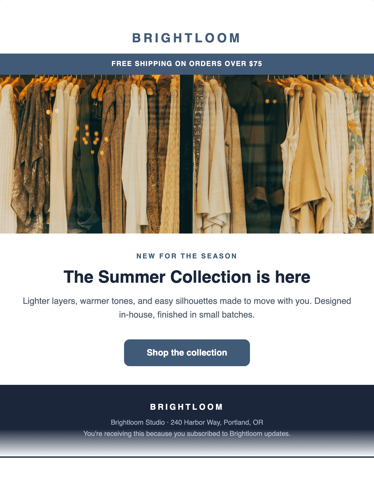 A finished Brightloom summer email rendered in the MarketAmp editor
