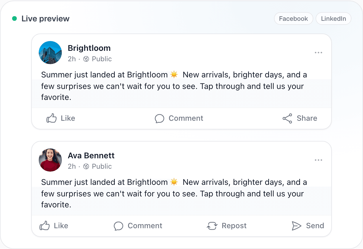 Live Facebook and LinkedIn post previews in the social composer