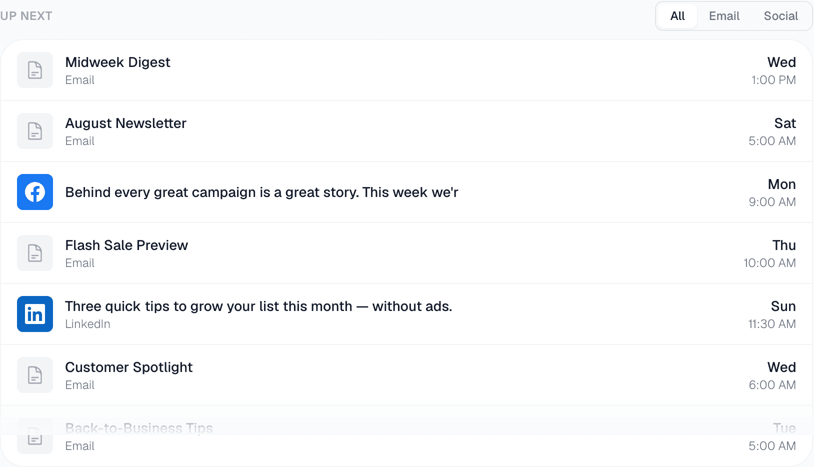 The up-next queue of scheduled emails and social posts
